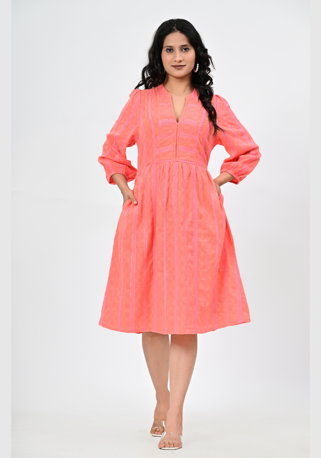 Soft Coral Muse Embroidered Cotton Dobby A-Line Dress