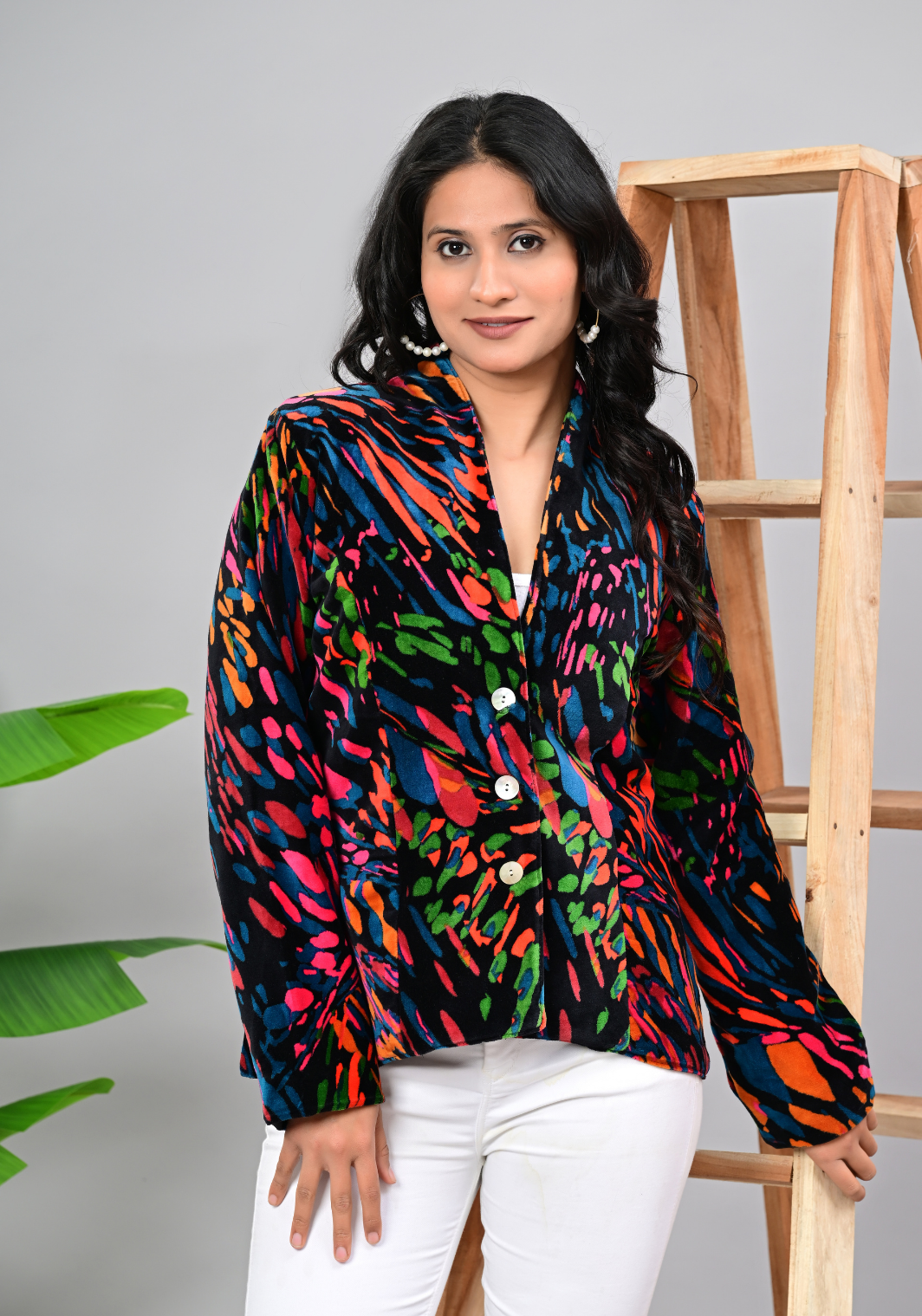 Abstract Noir – Multicolor Abstract Print Velvet Jacket
