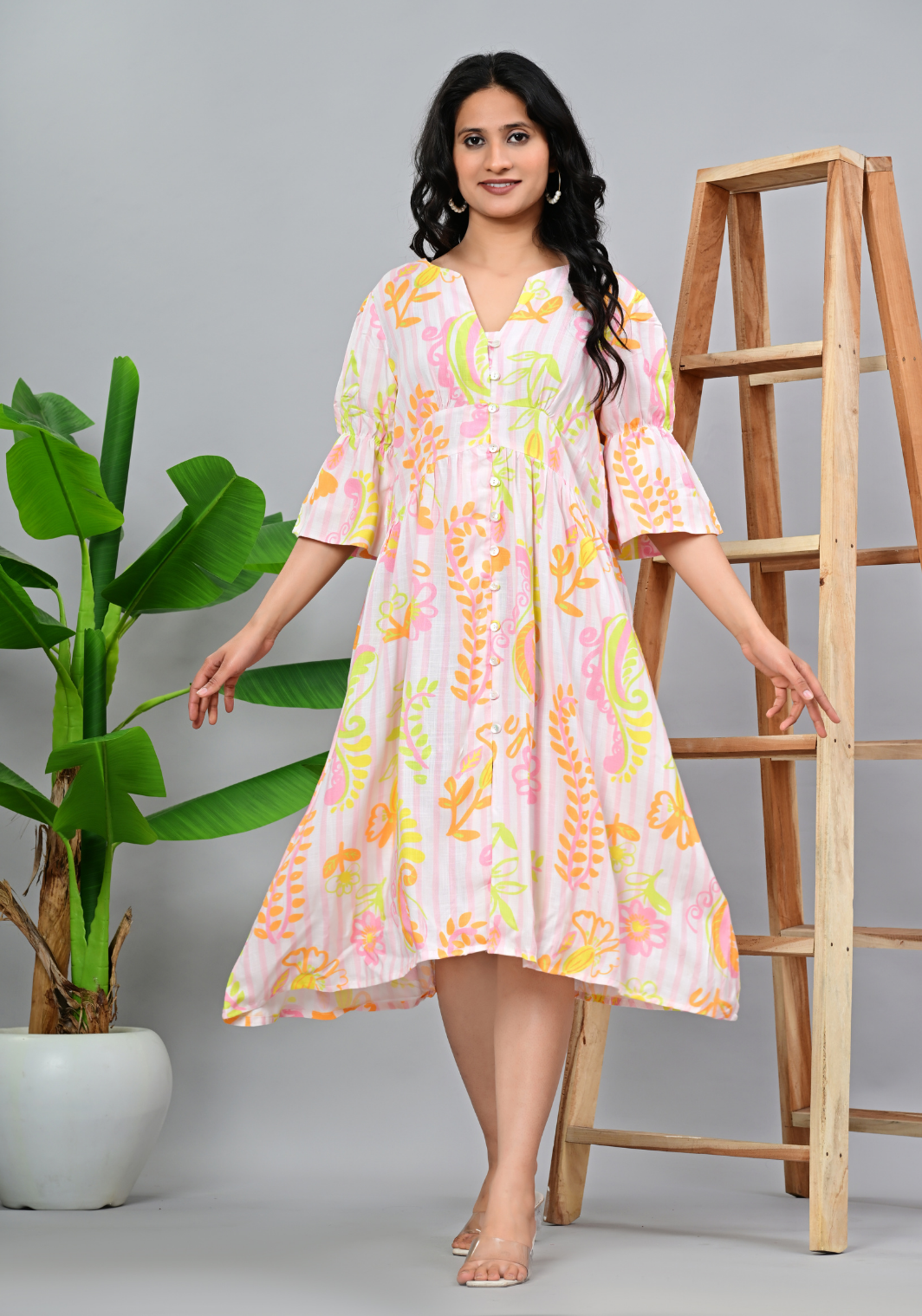 Pastel Garden Breeze – Floral Rayon Slub Midi Dress