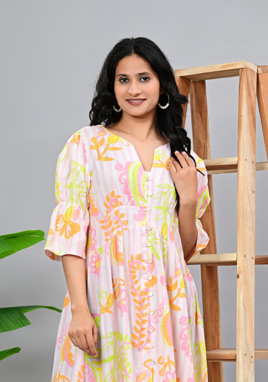 Pastel Garden Breeze – Floral Rayon Slub Midi Dress