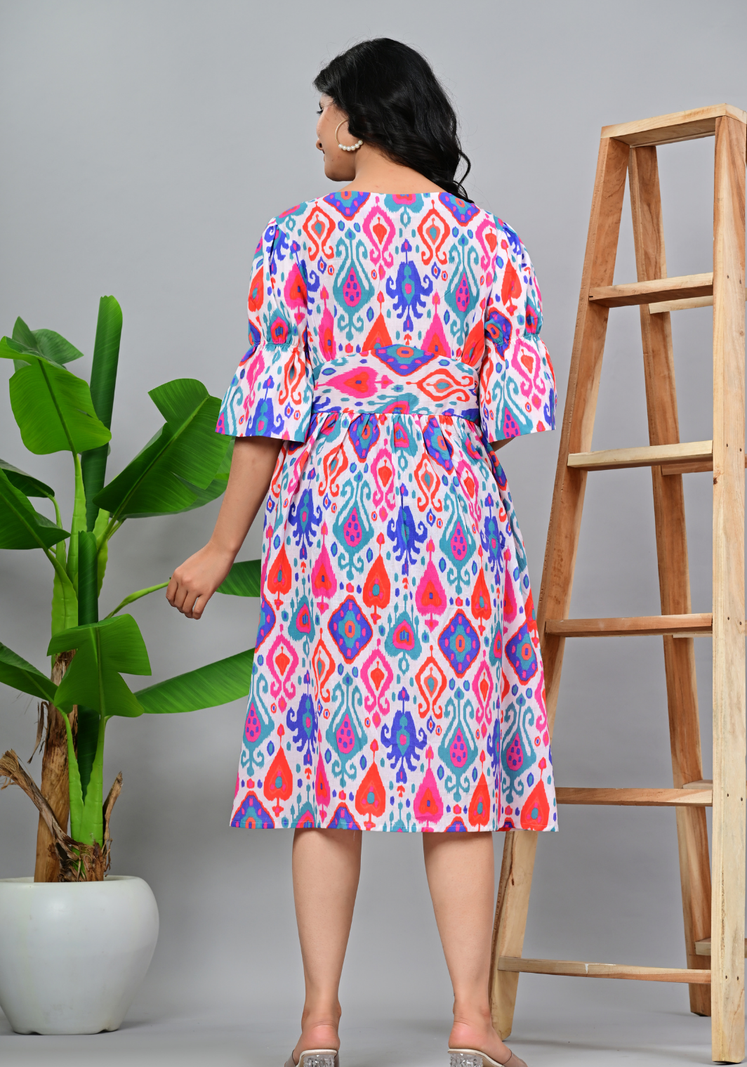 Playful Ikat Garden – Vibrant Ikat Print 60s Cambric Dress