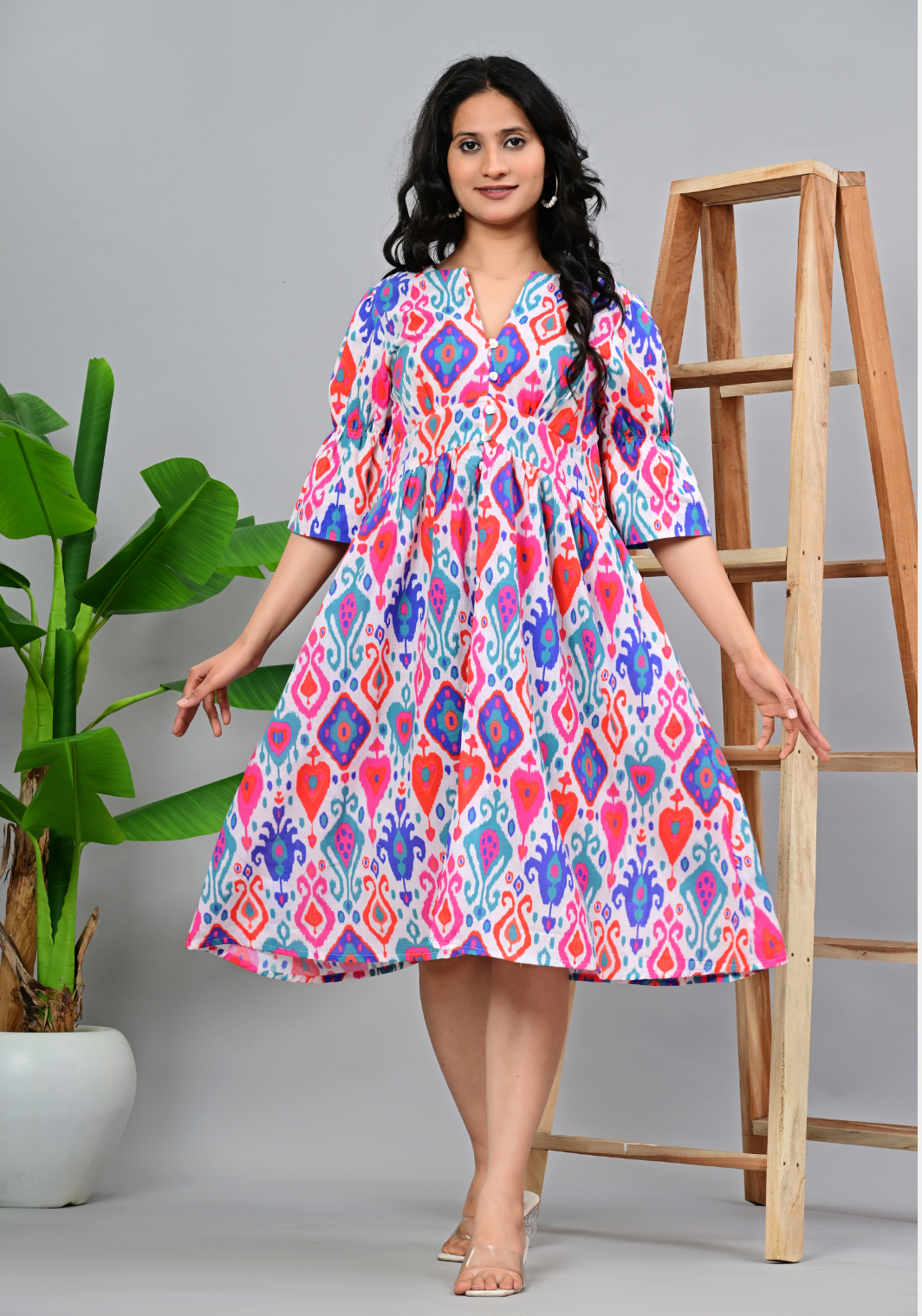 Playful Ikat Garden – Vibrant Ikat Print 60s Cambric Dress