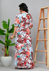 Tropical Leaf Button – Rayon Crepe A-Line Maxi Dress