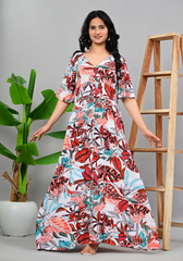 Tropical Leaf Button – Rayon Crepe A-Line Maxi Dress