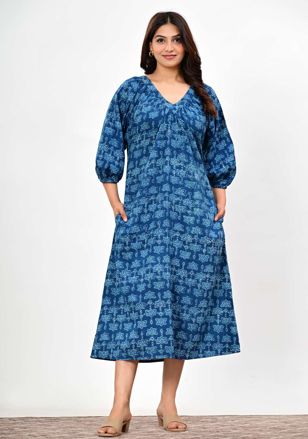 Indigo Bloom – Floral Cotton Slub Midi Dress