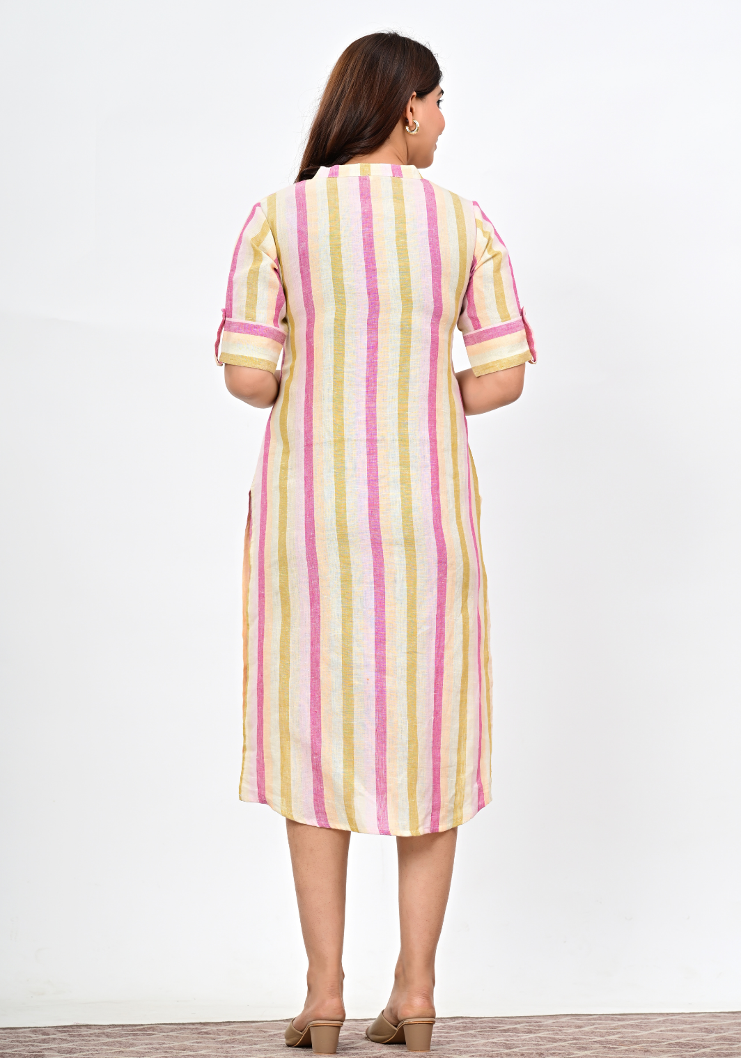 Sunlit Stripe Button – Pastel Vertical Stripe Linen Midi