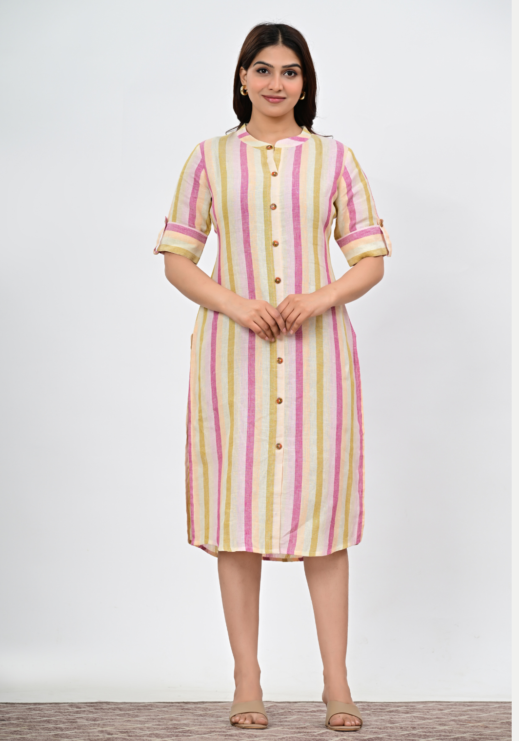 Sunlit Stripe Button – Pastel Vertical Stripe Linen Midi