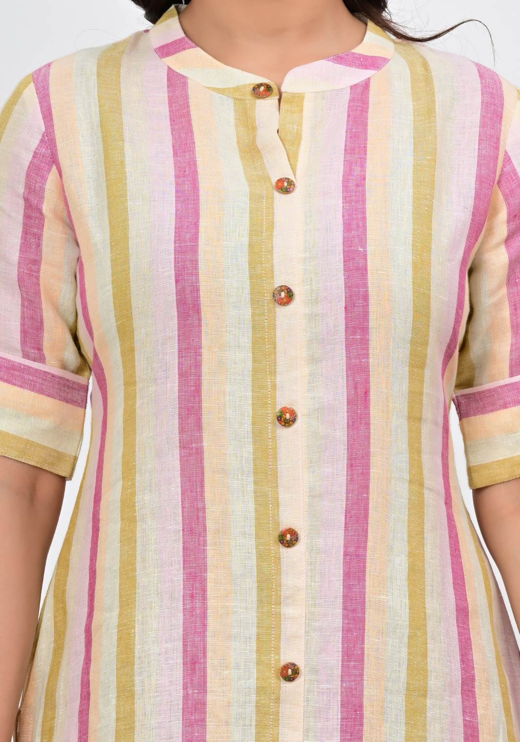 Sunlit Stripe Button – Pastel Vertical Stripe Linen Midi