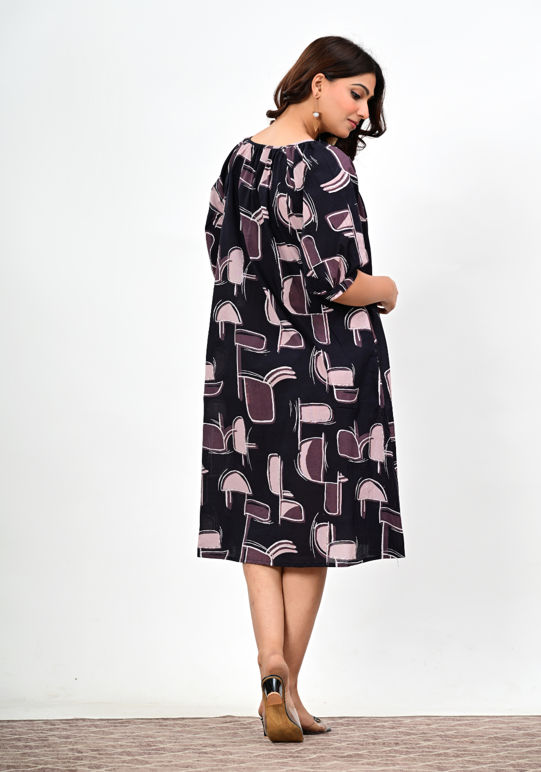Azure Heartbeat – Abstract Print Cambric Knee-Length Dress