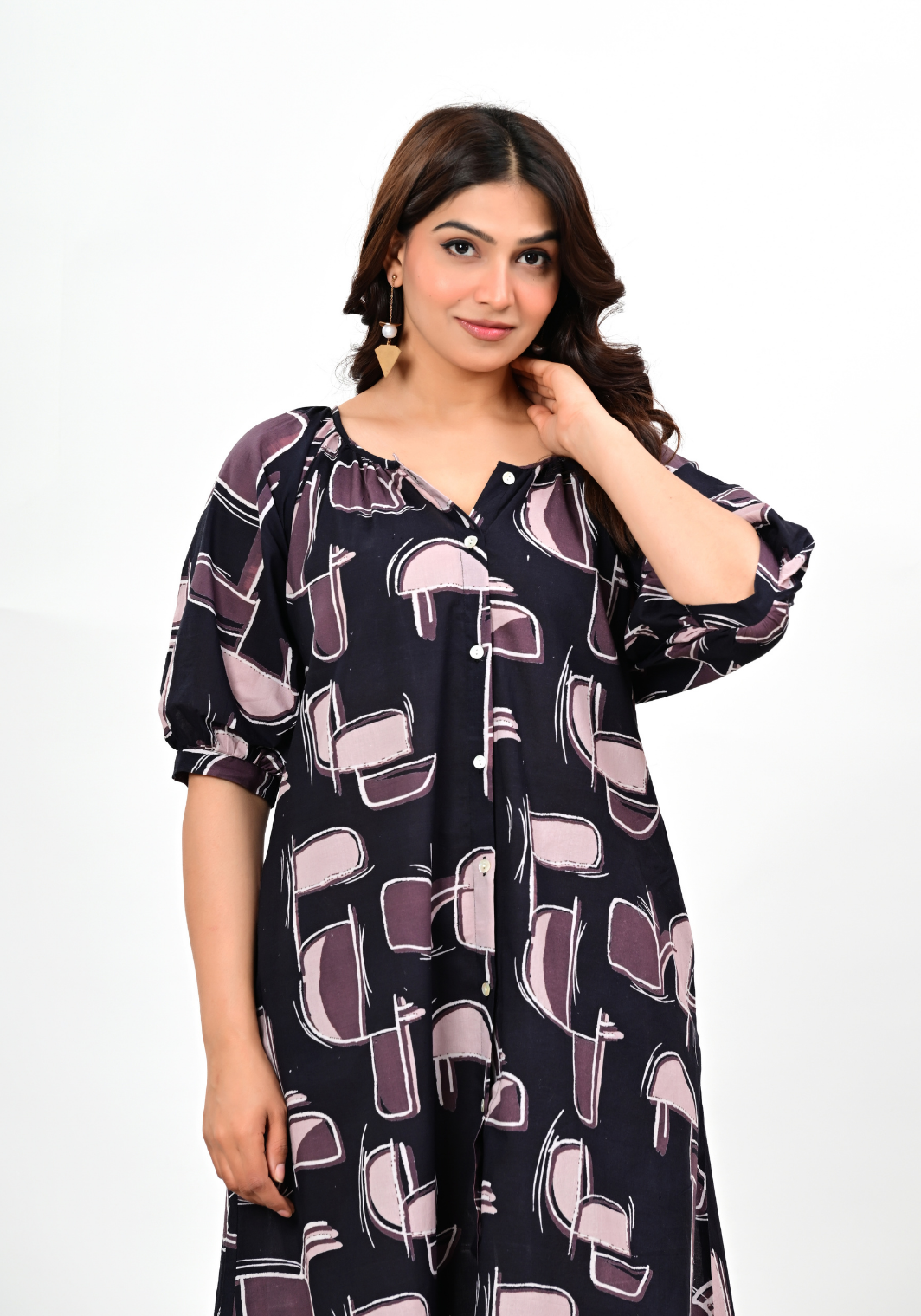 Azure Heartbeat – Abstract Print Cambric Knee-Length Dress