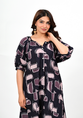 Azure Heartbeat – Abstract Print Cambric Knee-Length Dress