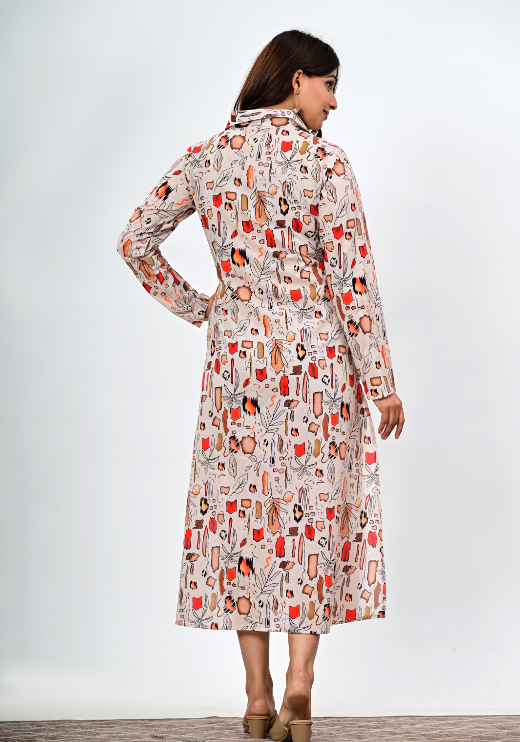 Earthy Abstract Flow – Abstract Leaf & Brush Print Cambric Dress