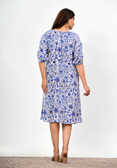 Azure Floral Ease – Botanical Print Rayon Slub Dress