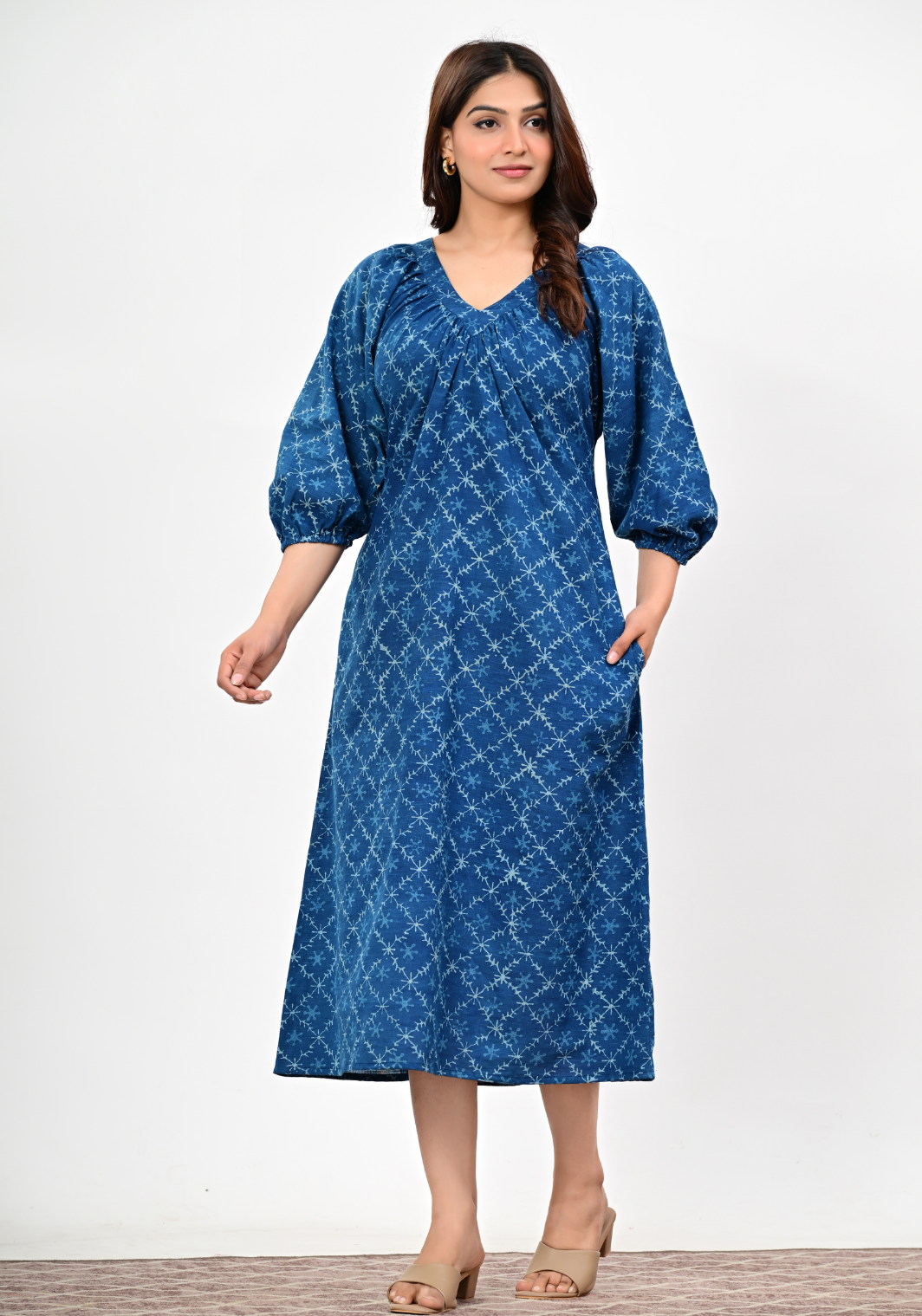 Indigo Starfall Midi – Deep Indigo Cotton Slub Dress