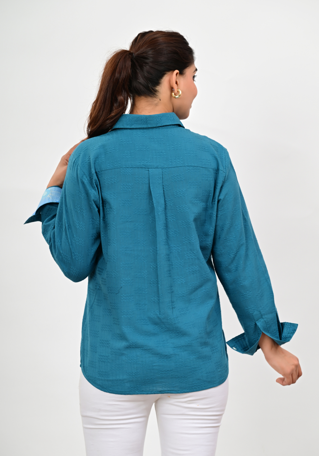 Mist Textured Shirt – Solid Teal Cotton Textured Top