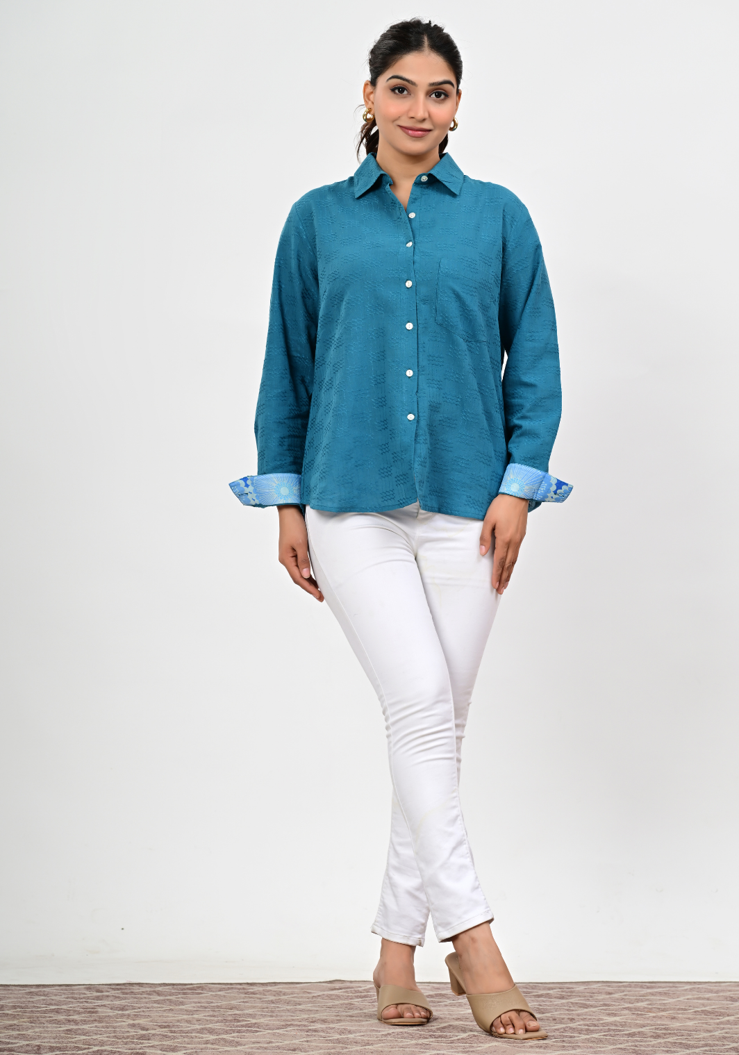 Mist Textured Shirt – Solid Teal Cotton Textured Top