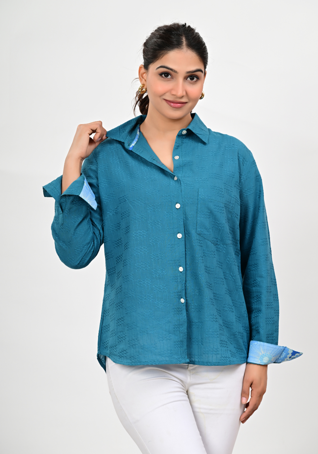 Mist Textured Shirt – Solid Teal Cotton Textured Top