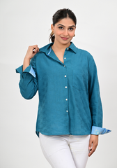 Mist Textured Shirt – Solid Teal Cotton Textured Top