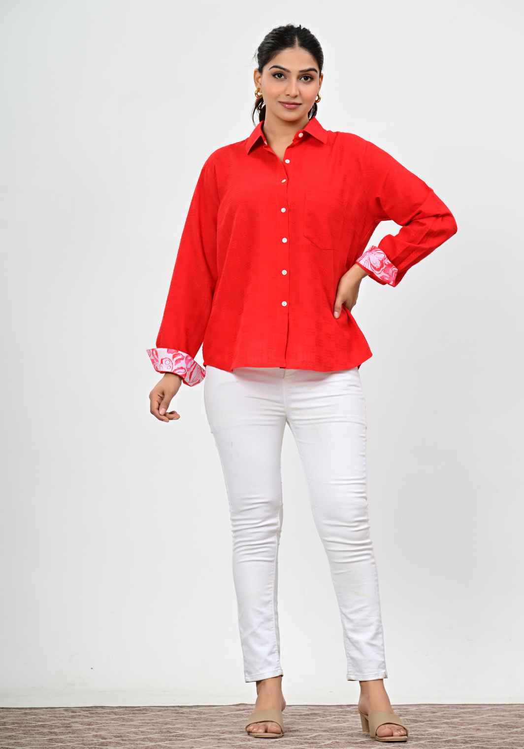 Bloom Textured Shirt – Solid Red Cotton Textured Top