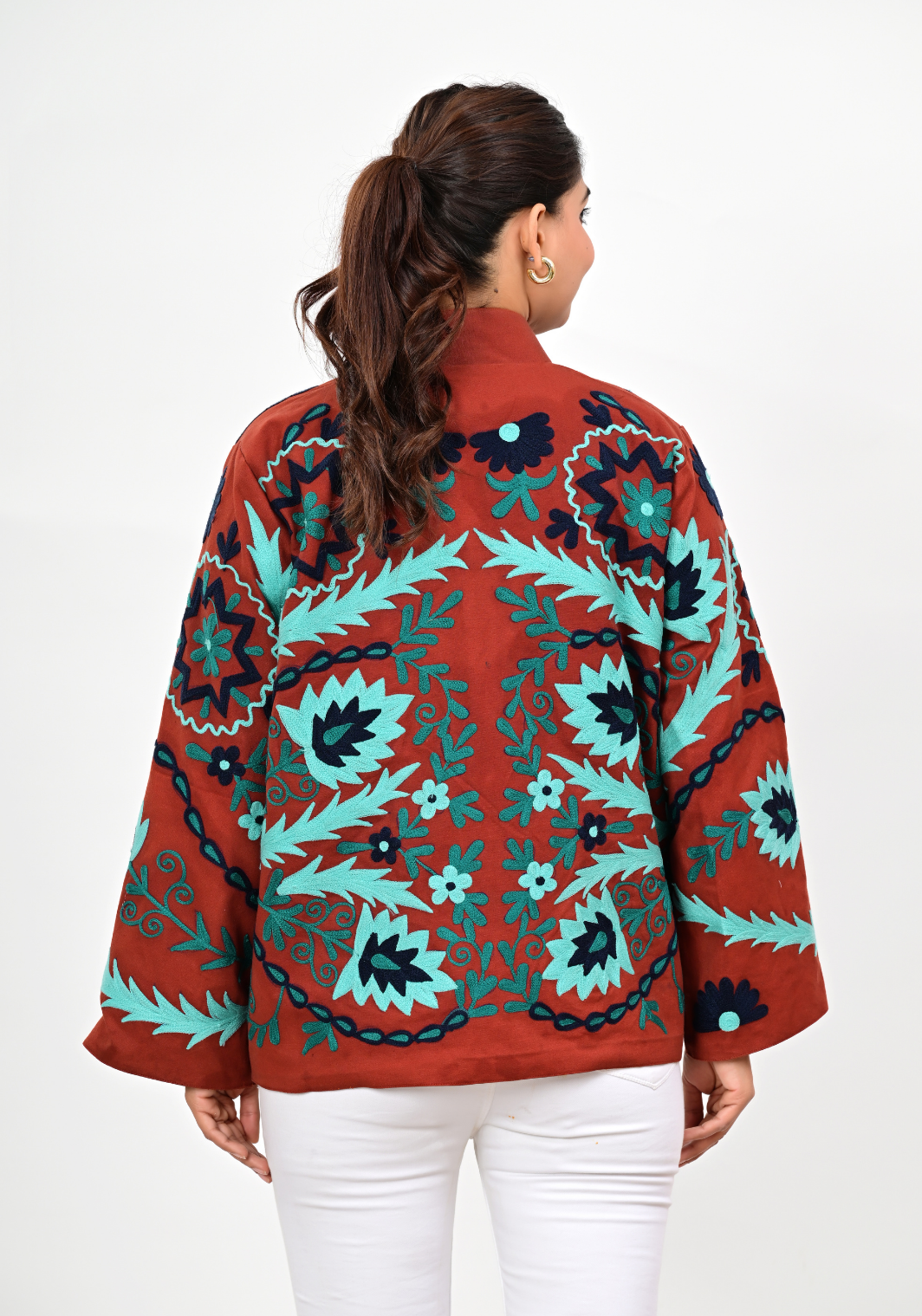 Rust Fern Embroidered Jacket – Bold Botanical Canvas Layer