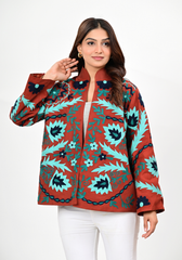 Rust Fern Embroidered Jacket – Bold Botanical Canvas Layer