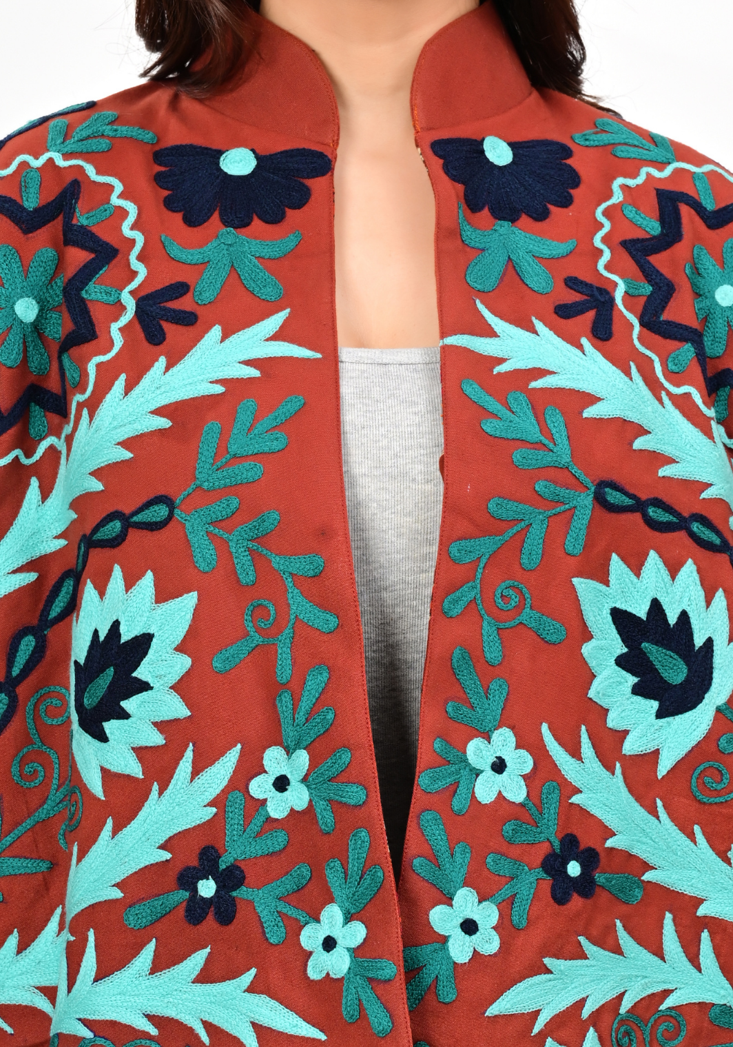 Rust Fern Embroidered Jacket – Bold Botanical Canvas Layer