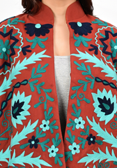 Rust Fern Embroidered Jacket – Bold Botanical Canvas Layer