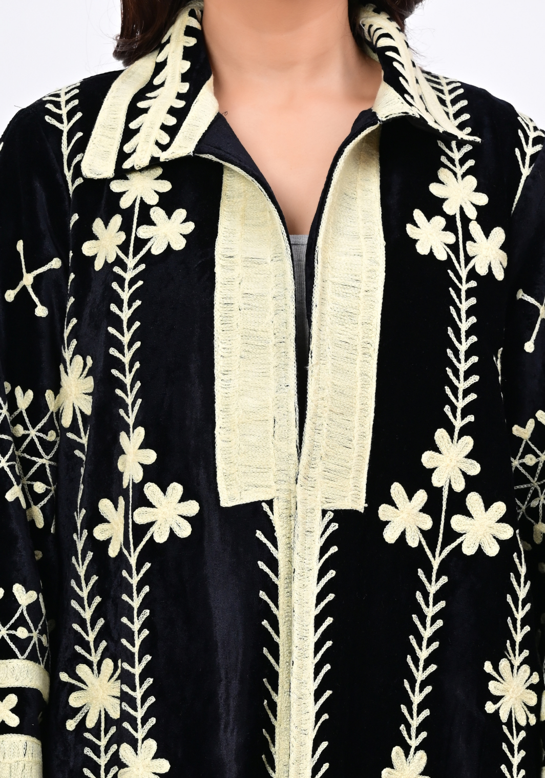 Midnight Bloom – Embroidered Velvet Longline Jacket
