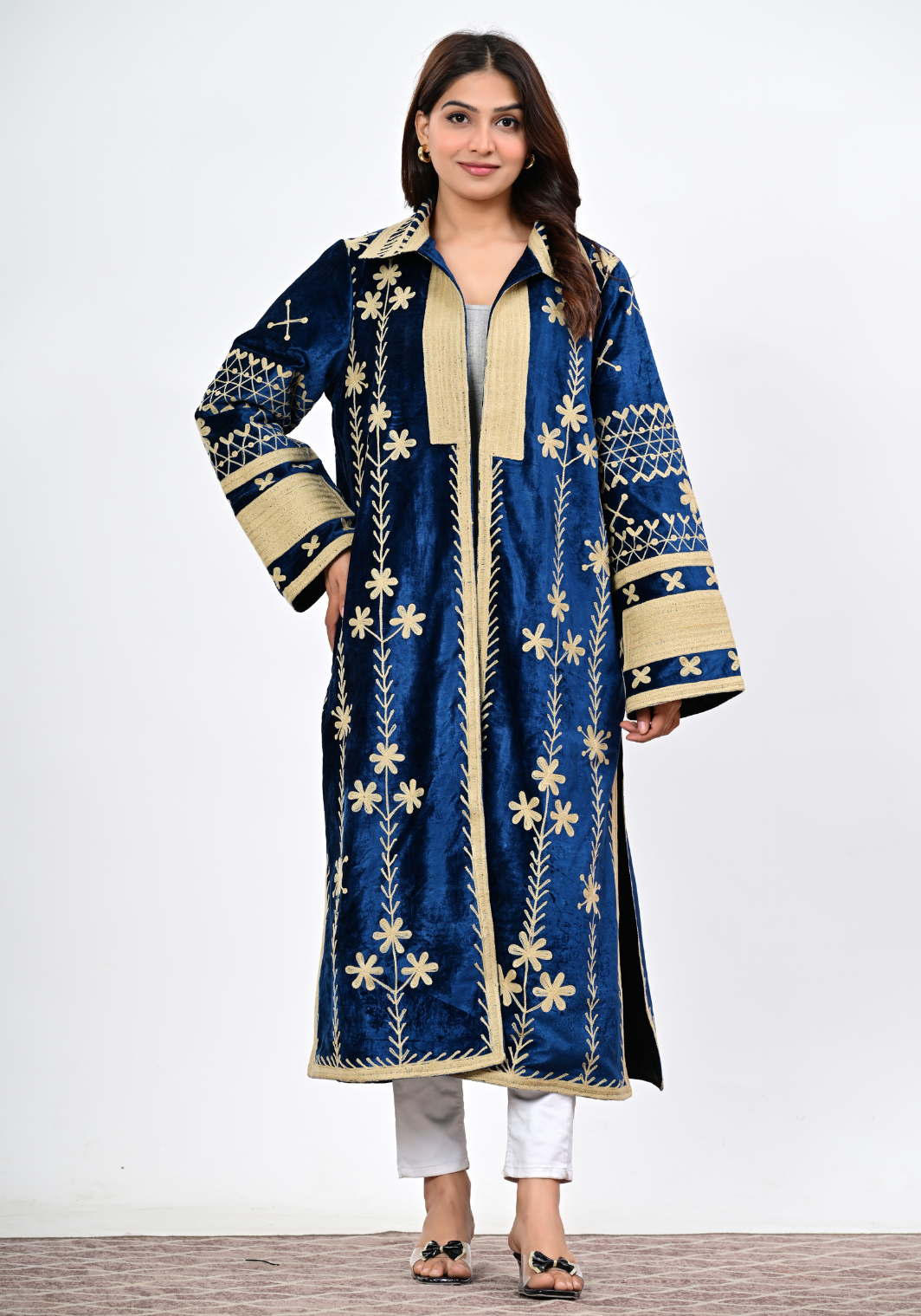 Midnight Bloom – Rich Navy Embroidered Velvet Coat