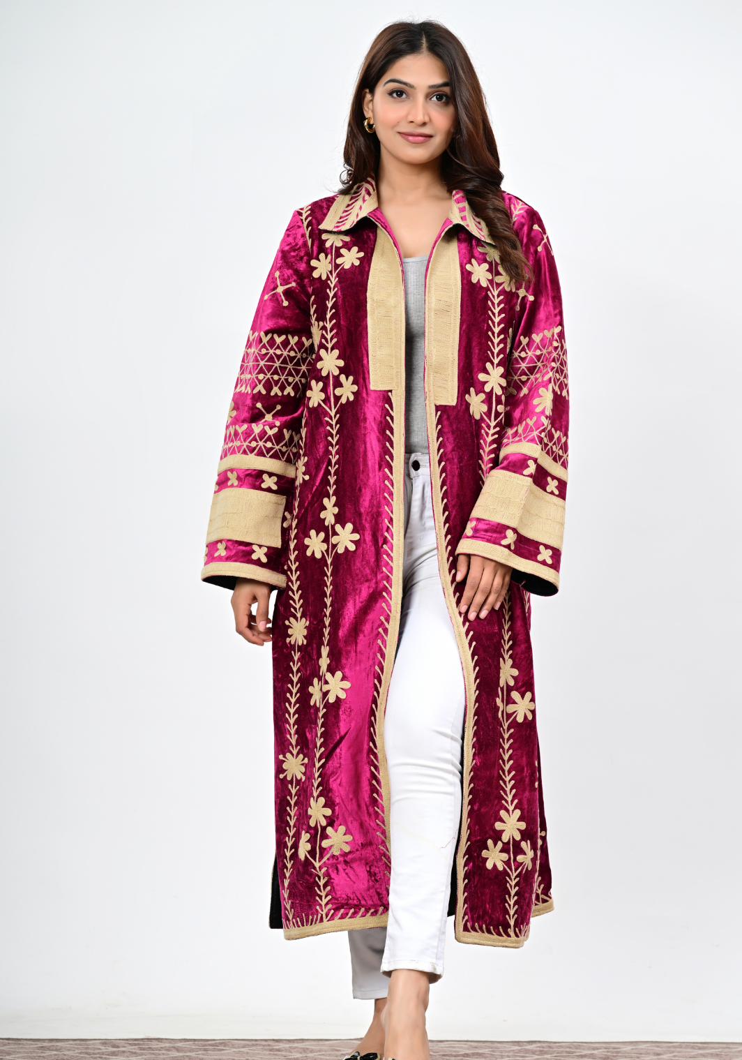 Ruby Noor Velvet – Radiant Embroidered Velvet Coat
