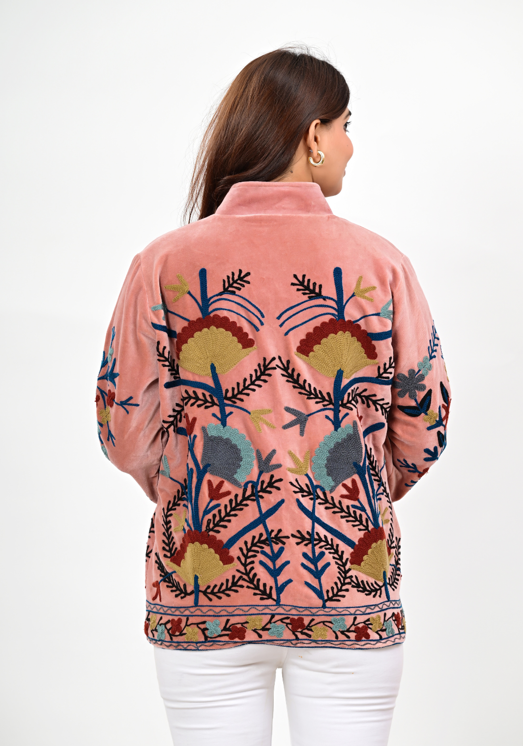 Meadow Embroidered Jacket – Soft Blush Floral Velvet Layer