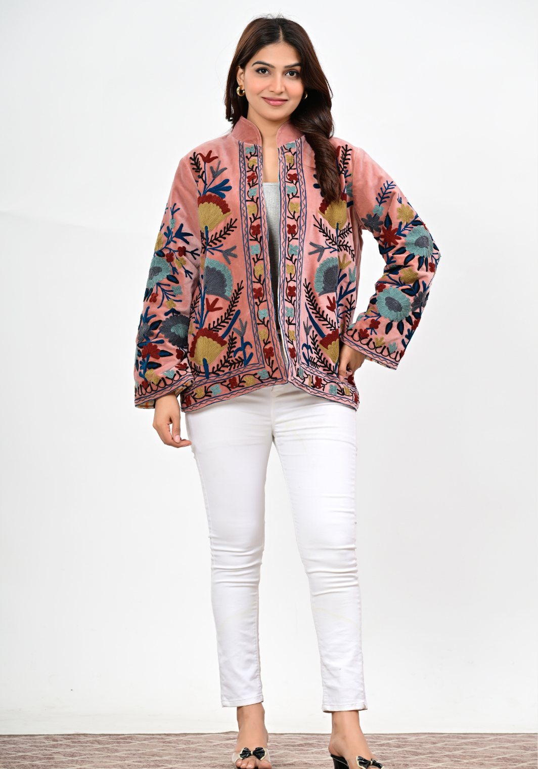 Meadow Embroidered Jacket – Soft Blush Floral Velvet Layer