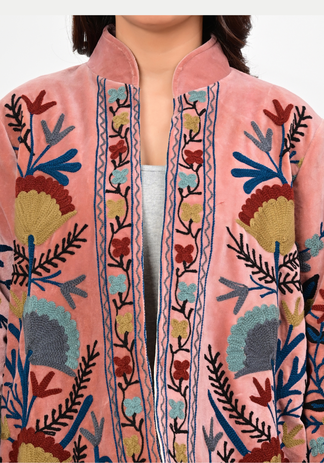 Meadow Embroidered Jacket – Soft Blush Floral Velvet Layer