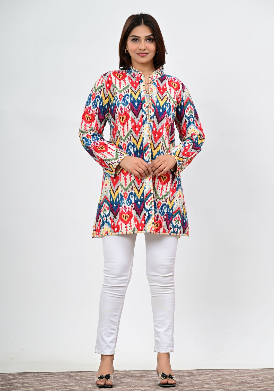 Folk Buttoned Jacket – Vibrant Ikat-Inspired Cotton Layer