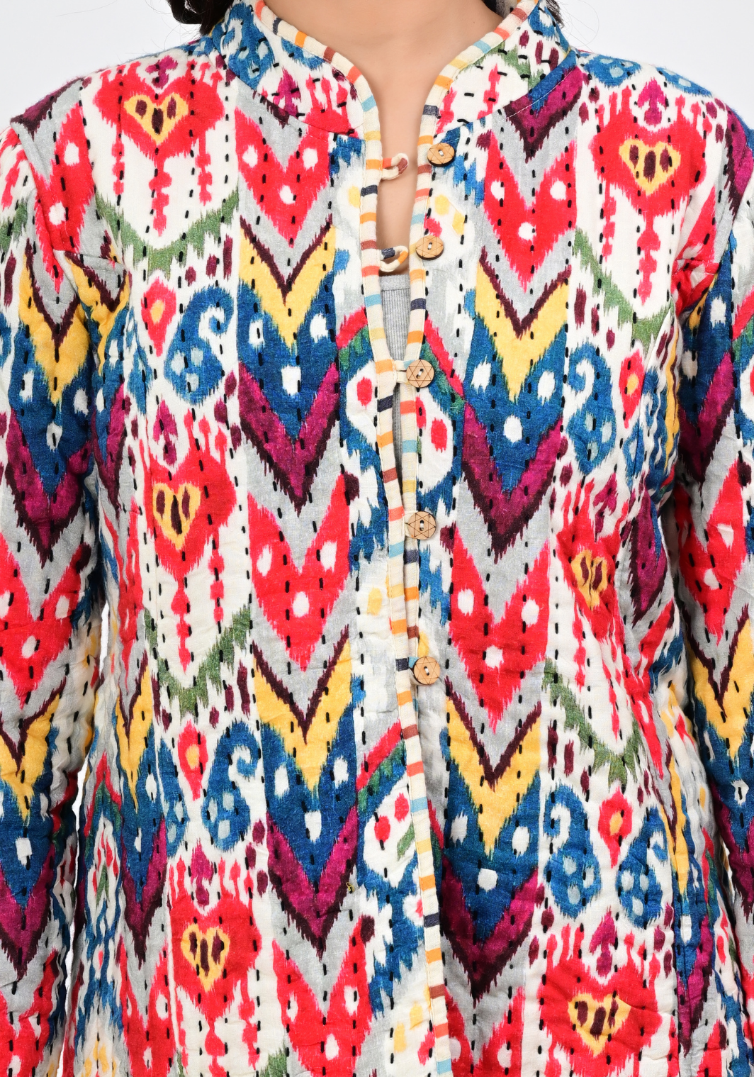 Folk Buttoned Jacket – Vibrant Ikat-Inspired Cotton Layer