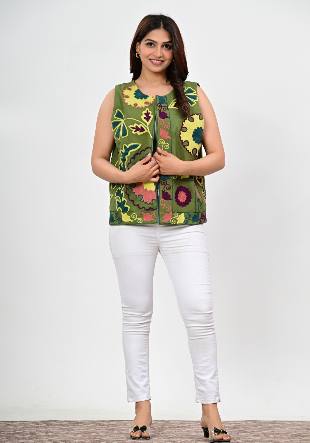 Olive Folk Garden – Earthy Embroidered Canvas Vest
