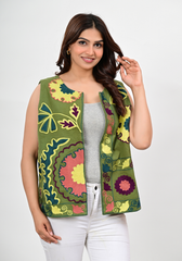 Olive Folk Garden – Earthy Embroidered Canvas Vest