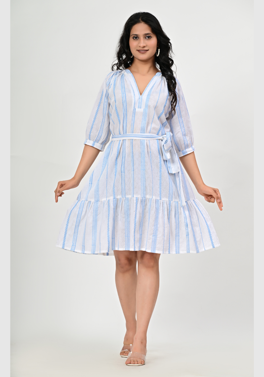 Cloudline Summer – Striped Cotton Dobby Tiered Dress