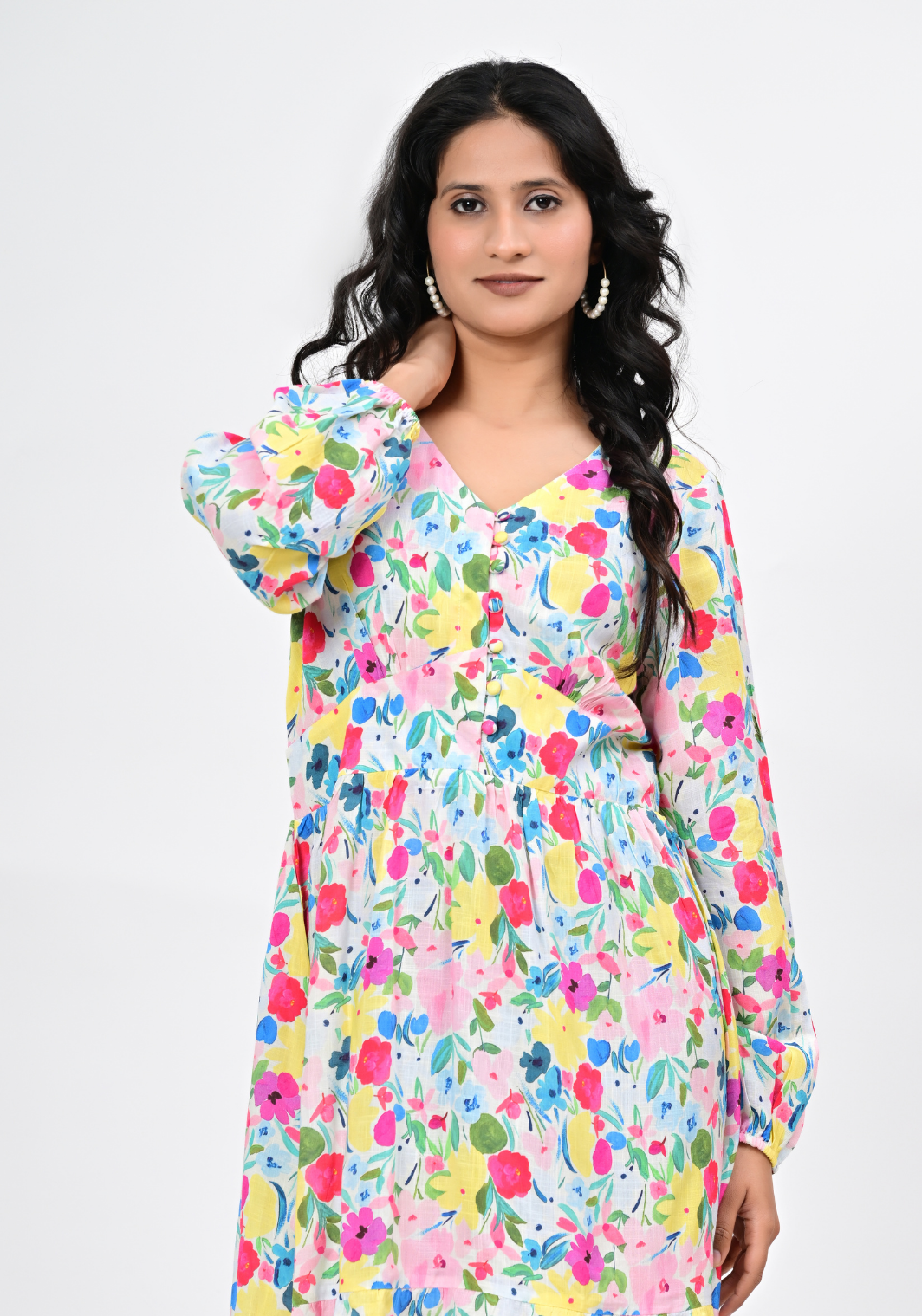 Spring Meadow – Floral Rayon Slub A-Line Dress