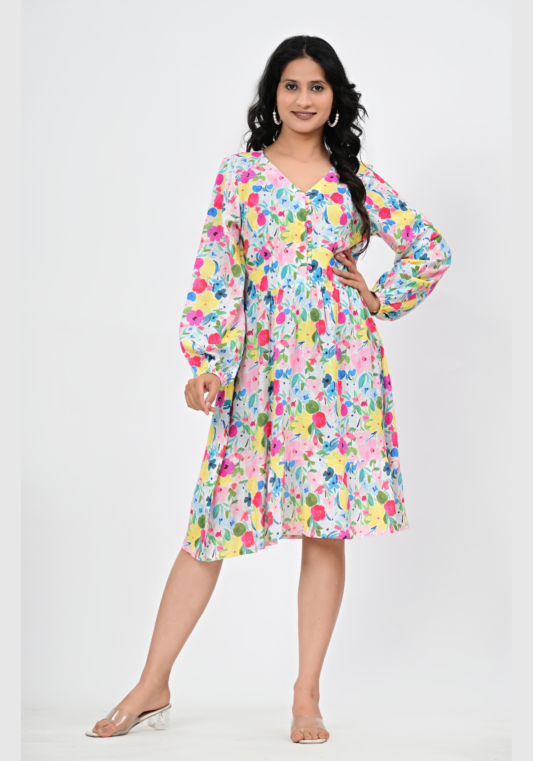 Spring Meadow – Floral Rayon Slub A-Line Dress