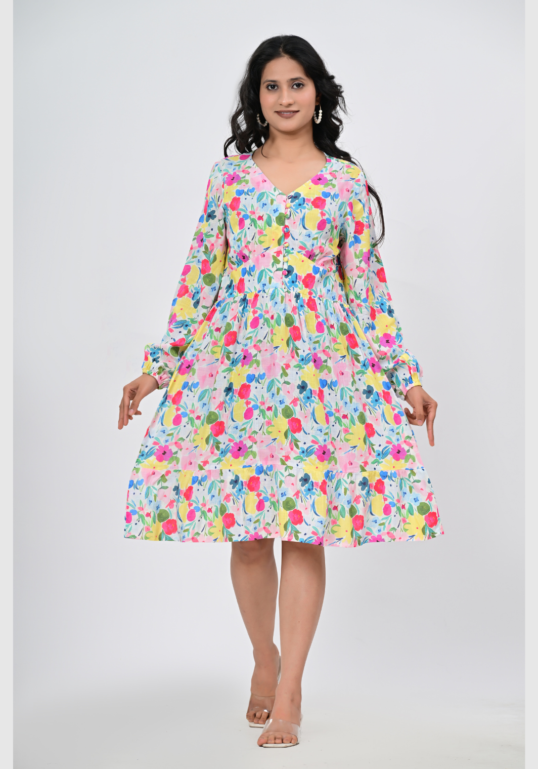 Spring Meadow – Floral Rayon Slub A-Line Dress