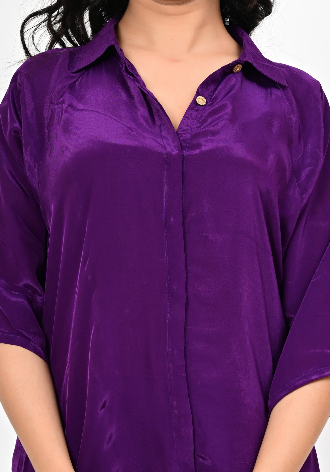 Royal Plum – Solid Cupro Satin Shirt Dress