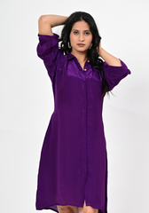 Royal Plum – Solid Cupro Satin Shirt Dress