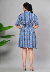 Moonflower Indigo – Printed Satin Shirt Dress