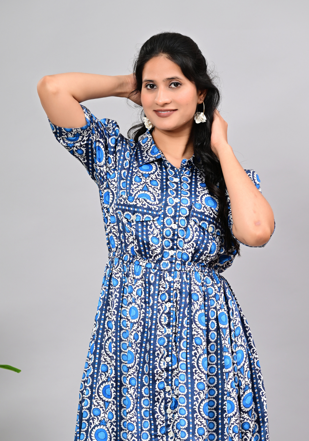 Moonflower Indigo – Printed Satin Shirt Dress